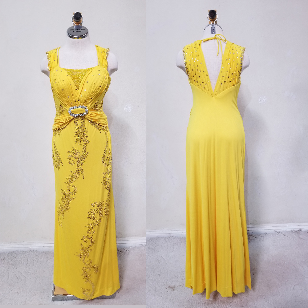 Hand Embellished Yellow Evening Gown by an Artisan